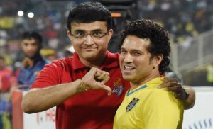 legendary Indian criketers Ganguly and Tendulkar ( Co owner of Kerala Blasters)